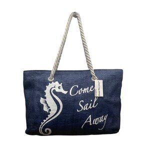 Southwest Rope Handle Navy Come Sail Away Seahorse Print Beach Tote Bag